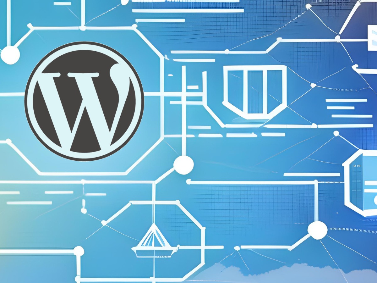 Featured image with blue background and schematic drawings with a WordPress Logo on top.